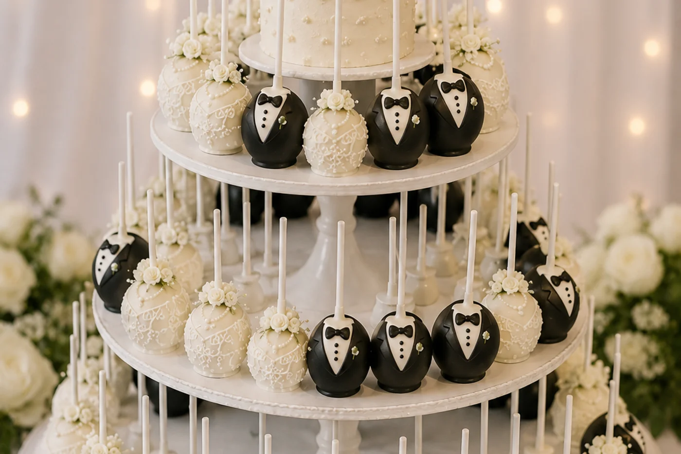 Cake pop wedding cake display — chic and practical alternative to traditional tiered cakes