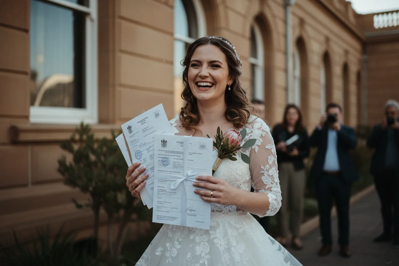 Newly married woman holding her marriage certificate and ID after registering her name change