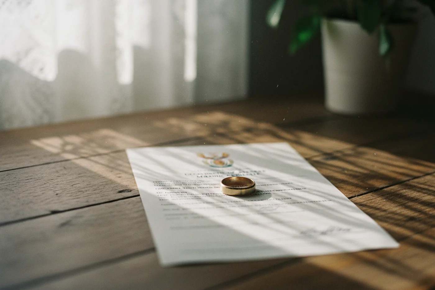 Close-up of a South African marriage certificate and wedding rings on a desk