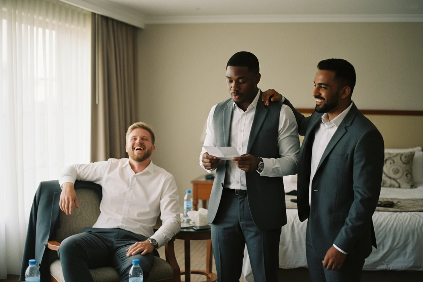 Three South African groomsmen rehearsing a joint wedding speech with cue cards before the reception