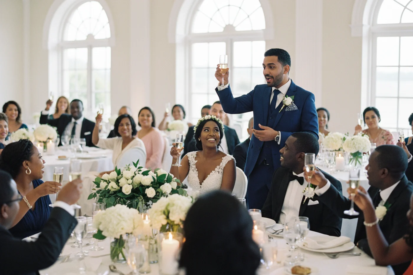 Groomsman raising a glass in a toast to the couple at a South African wedding reception