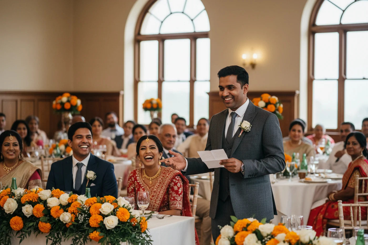 Indian South African best man giving a speech at a Durban wedding reception while the couple laughs
