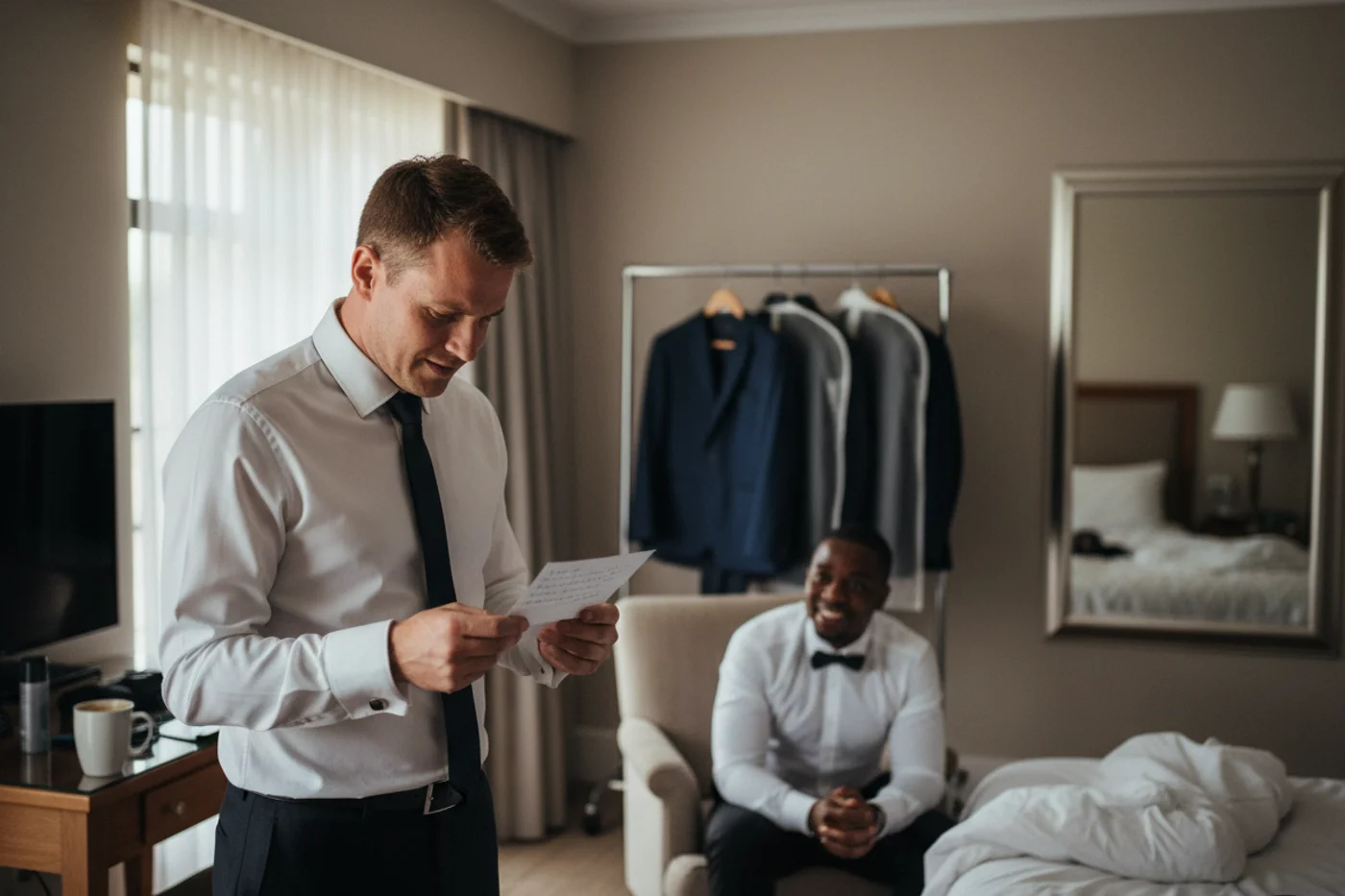Best man rehearsing his wedding speech with cue cards before the reception