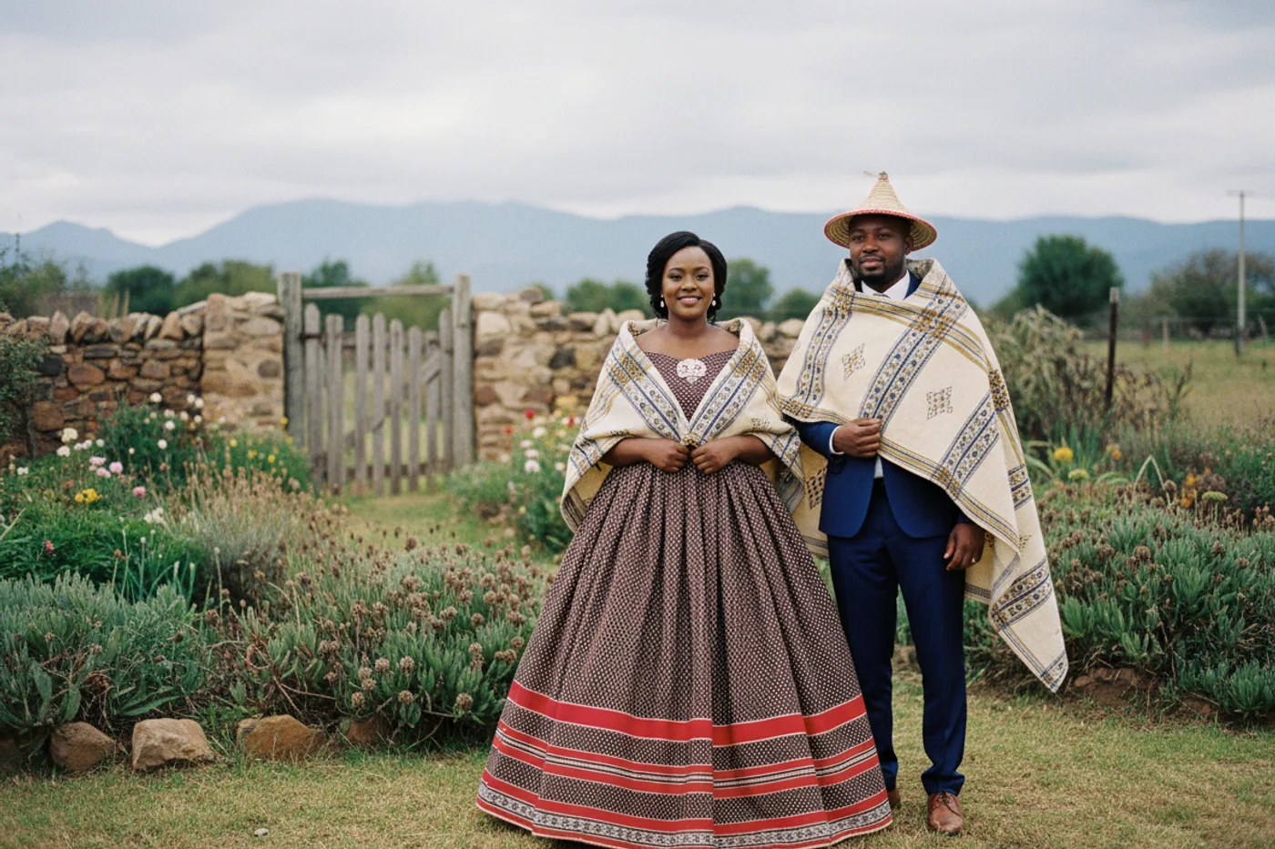 A Basotho bride in a brown shweshwe wedding dress with a patterned Basotho blanket pinned at her chest stands beside her groom in a mokorotlo hat