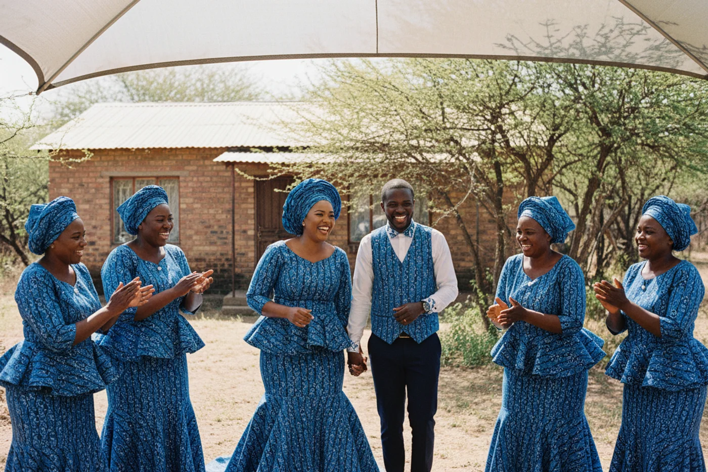 A Tswana bride and groom in matching blue shweshwe outfits with family in coordinated shweshwe at a North West homestead