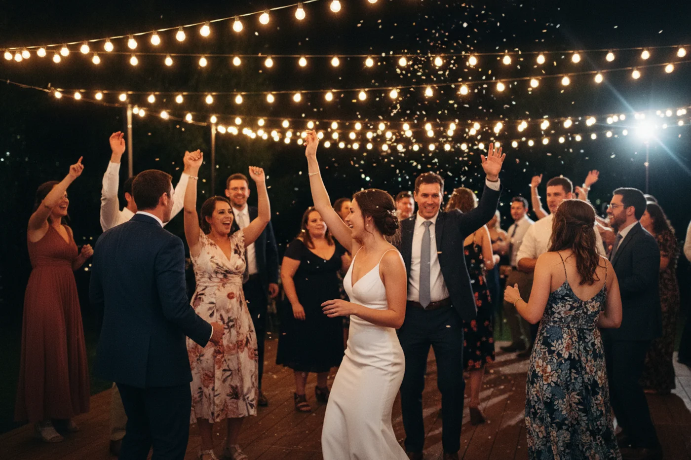 Wedding guests dancing together on a lit-up dance floor at an evening reception