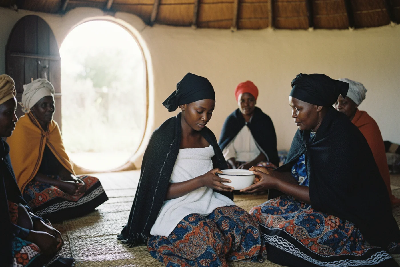 A Xhosa bride in a low black headscarf and shawl sits with lowered eyes as older women of the groom's family welcome her at an Eastern Cape homestead