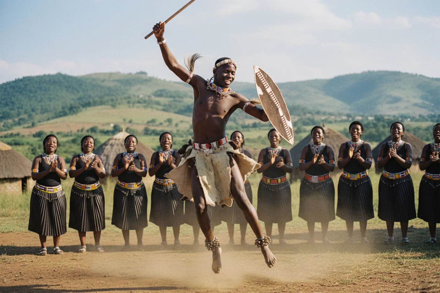 Zulu men in amabheshu and beadwork leap and dance with cowhide shields while women in isidwaba skirts sing and clap at an umabo celebration