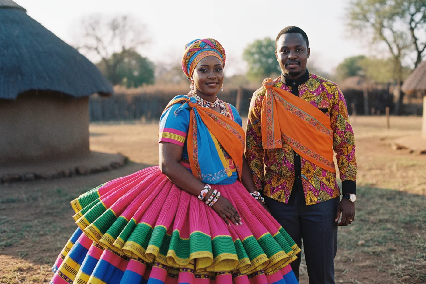 A Tsonga bride in a layered xibelani skirt and minceka cloths stands beside her groom in a matching Tsonga-print shirt at a Limpopo homestead