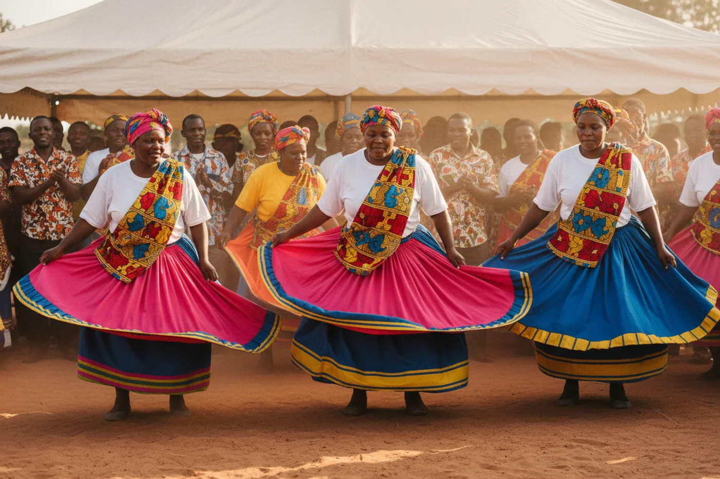 Tsonga women in bright layered xibelani skirts and minceka dance at a wedding while guests clap and ululate