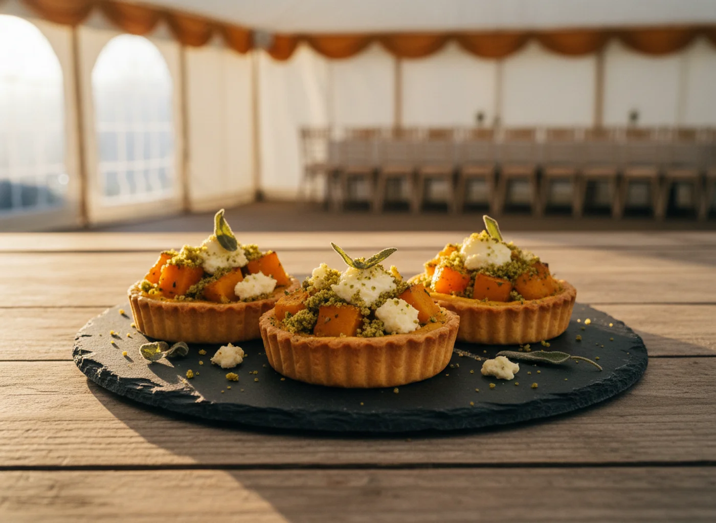 Roasted butternut and goats cheese tartlets on a rustic slate board in warm autumn light