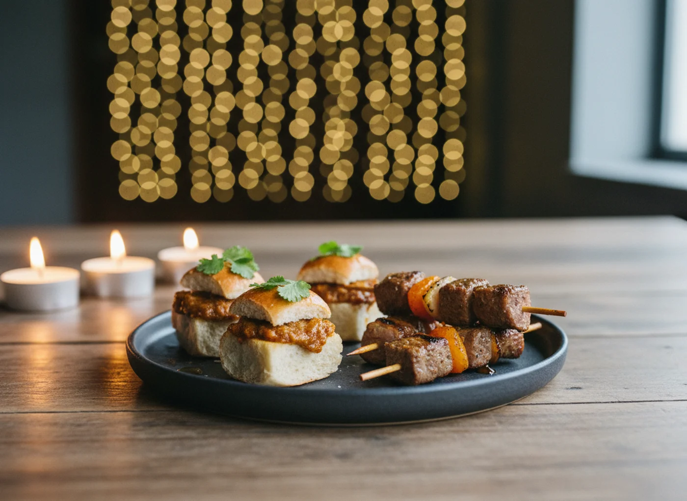 Mini bunny chow canape bites and lamb sosatie skewers on a dark ceramic platter by candlelight