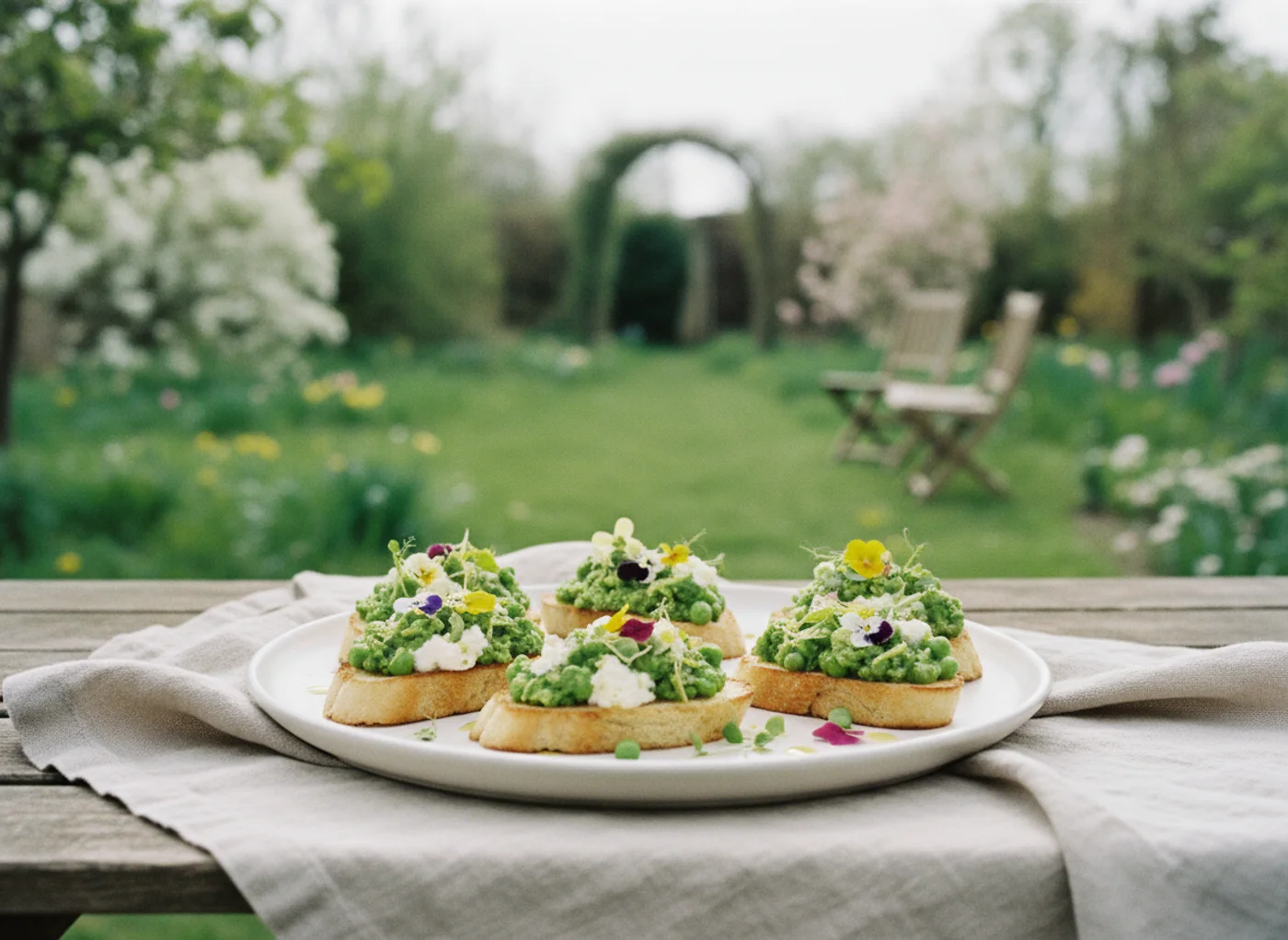 Pea and mint crostini with whipped ricotta and edible flowers on a linen-draped spring wedding table