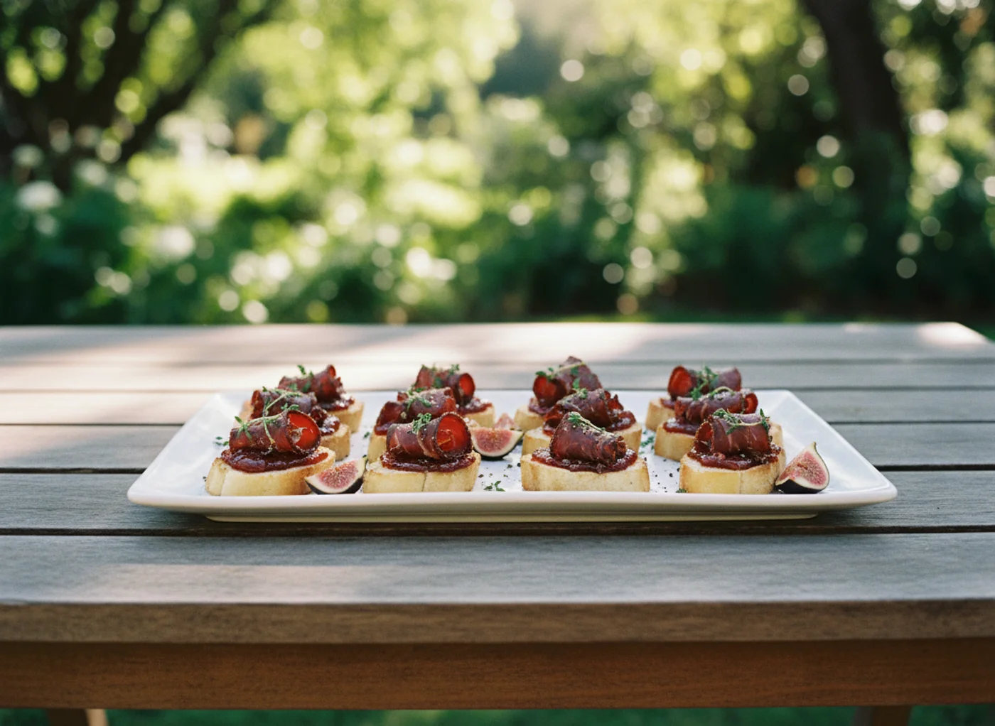 Biltong and fig jam crostini wedding canapes, elegantly plated for a South African summer wedding