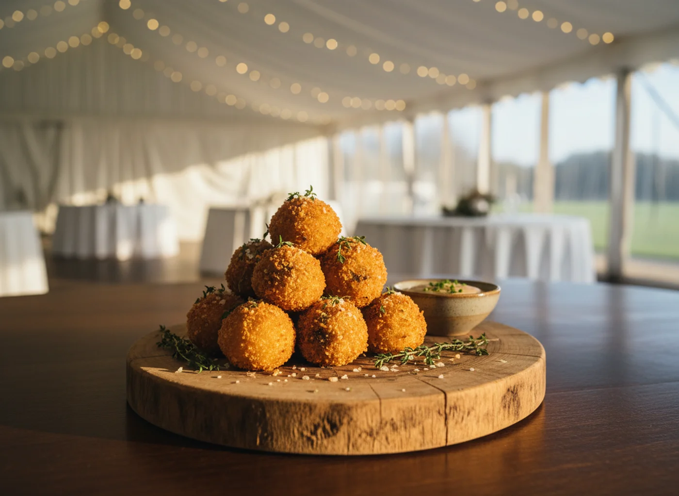 Wild mushroom and thyme arancini bites plated on a rustic wooden board for an autumn wedding