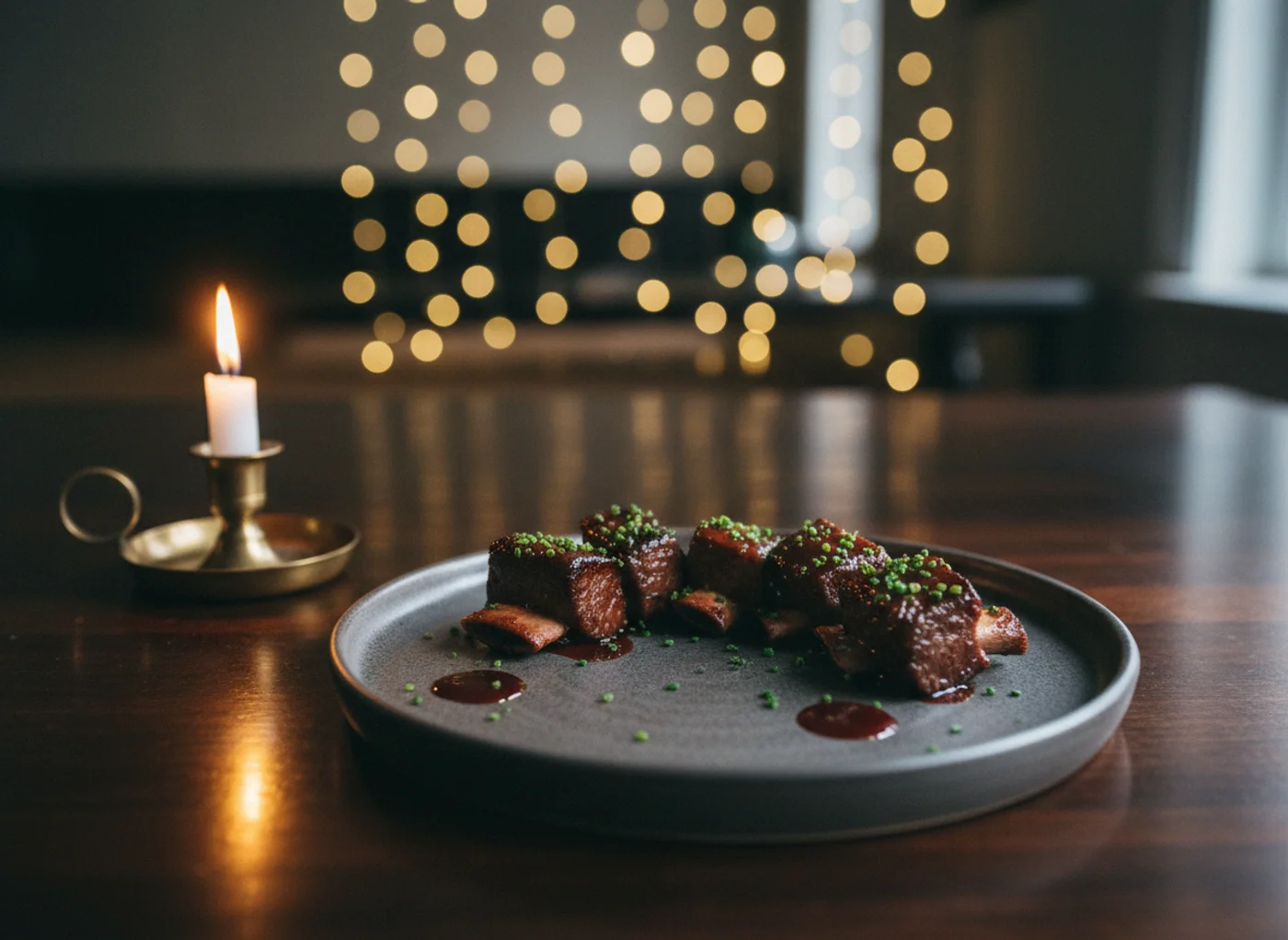 Beef short rib bites with red wine jus plated for a winter wedding reception