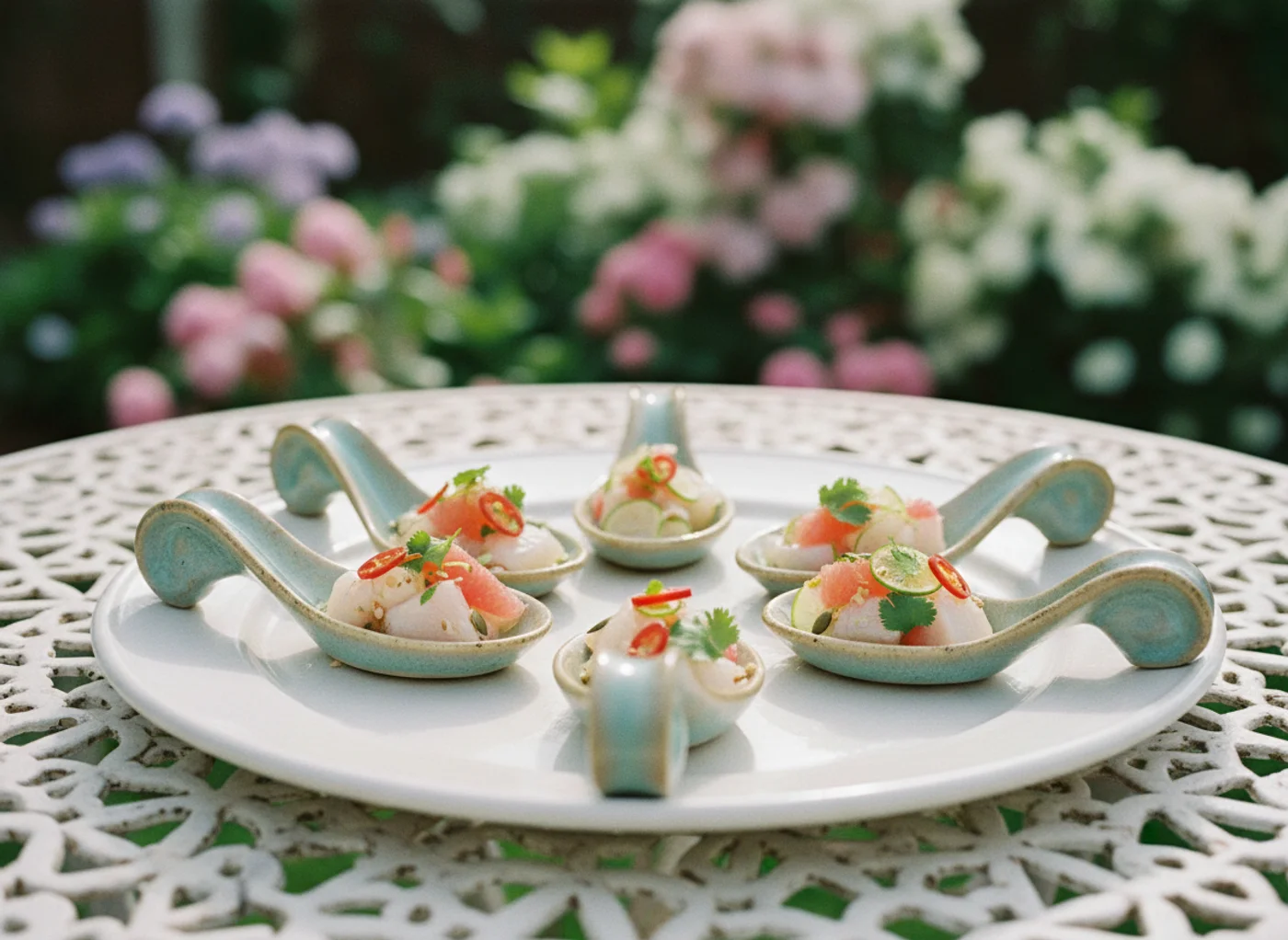 Citrus-cured kingklip ceviche spoons plated for a spring wedding cocktail hour