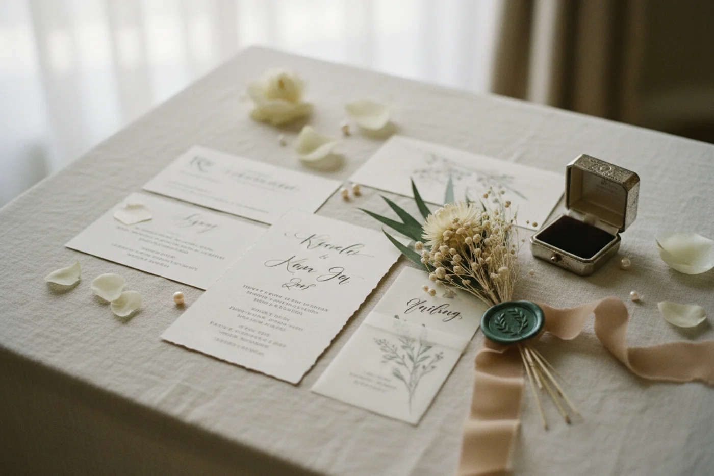 Elegant wedding invitation suite with calligraphy lying on a table beside dried flowers