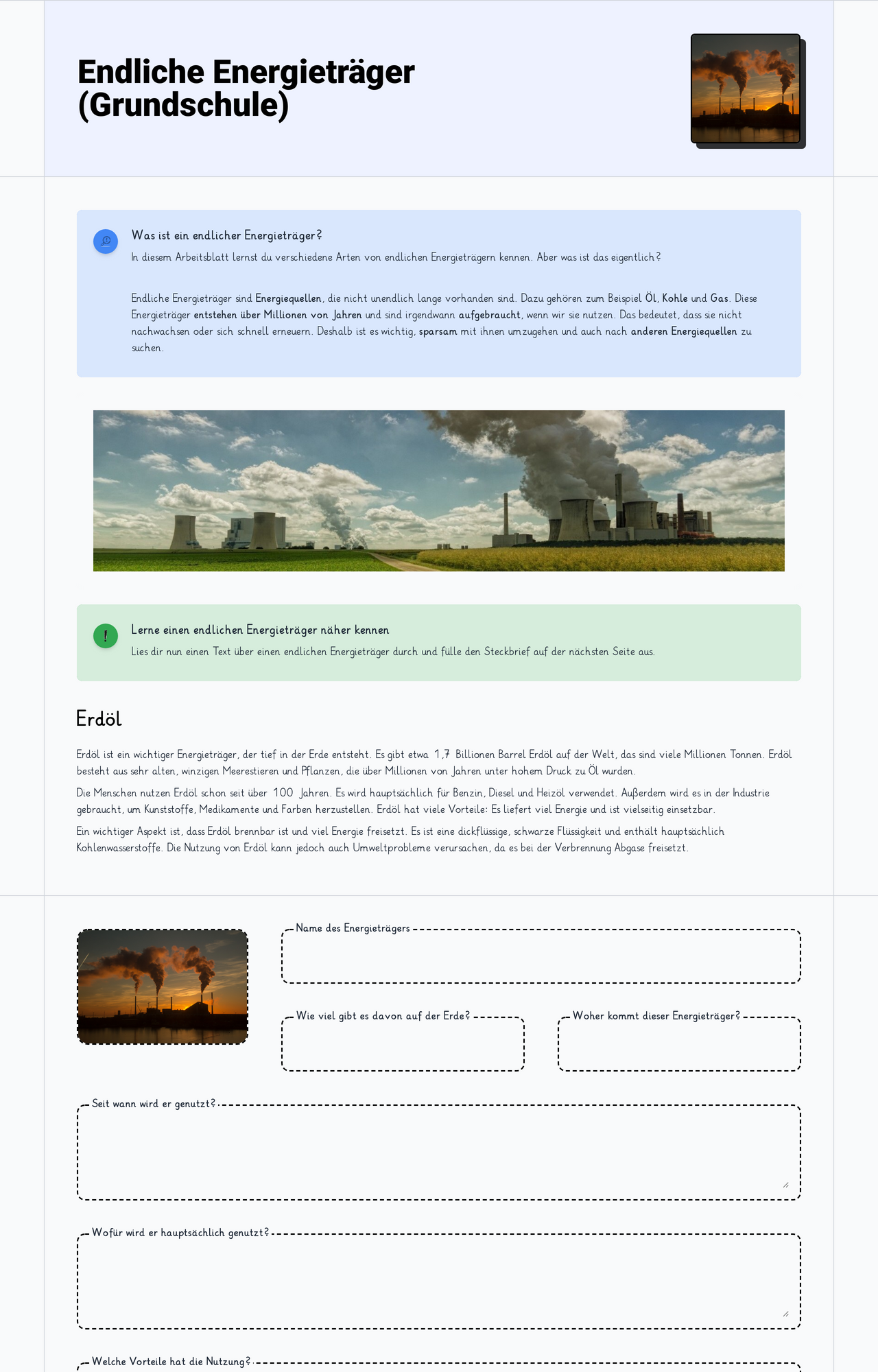 Endliche Energieträger (Grundschule)