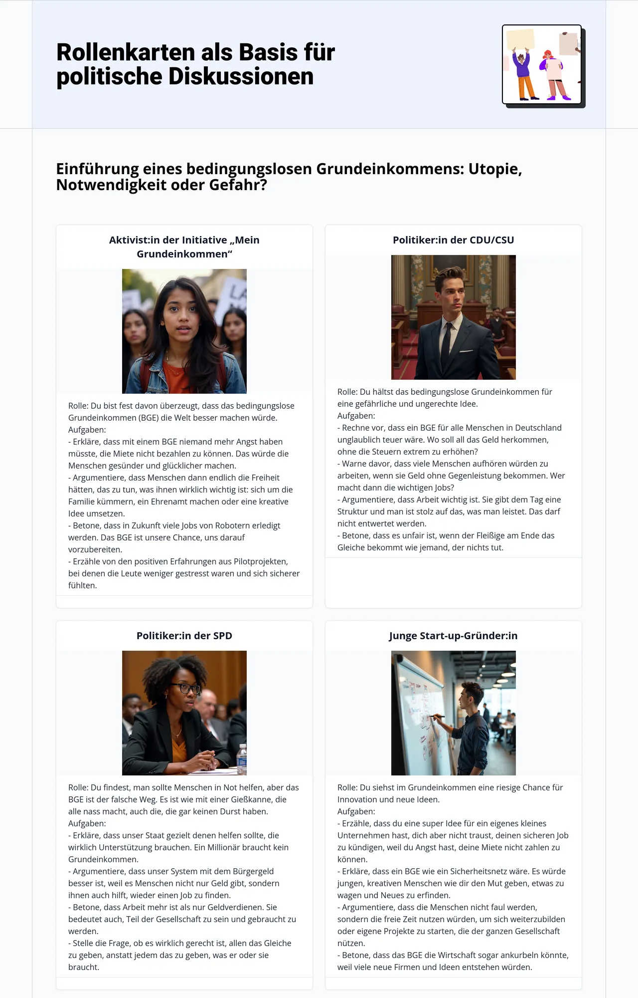 Rollenkarten als Basis für politische Diskussionen