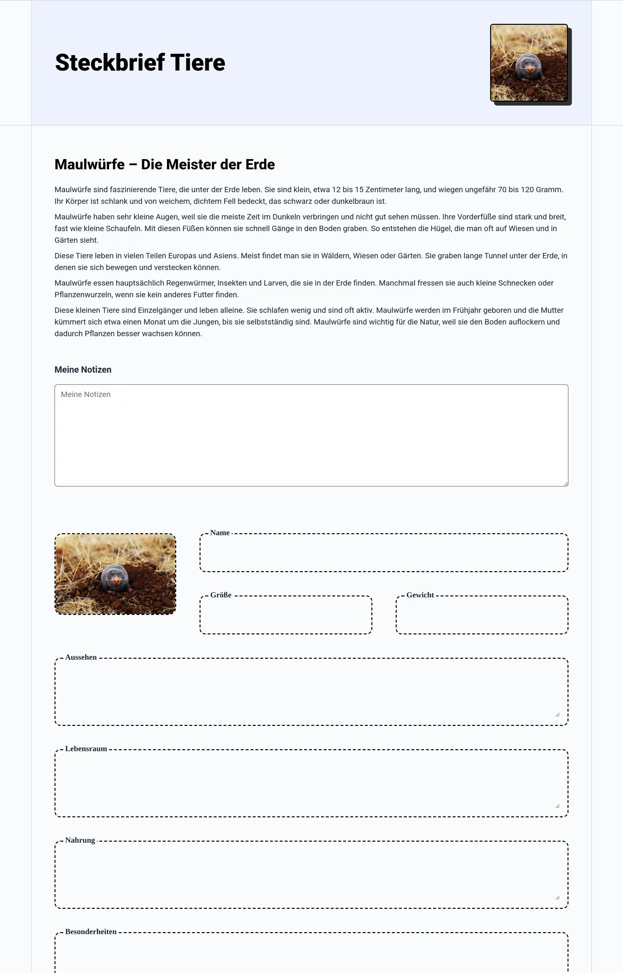 Steckbrief Tiere