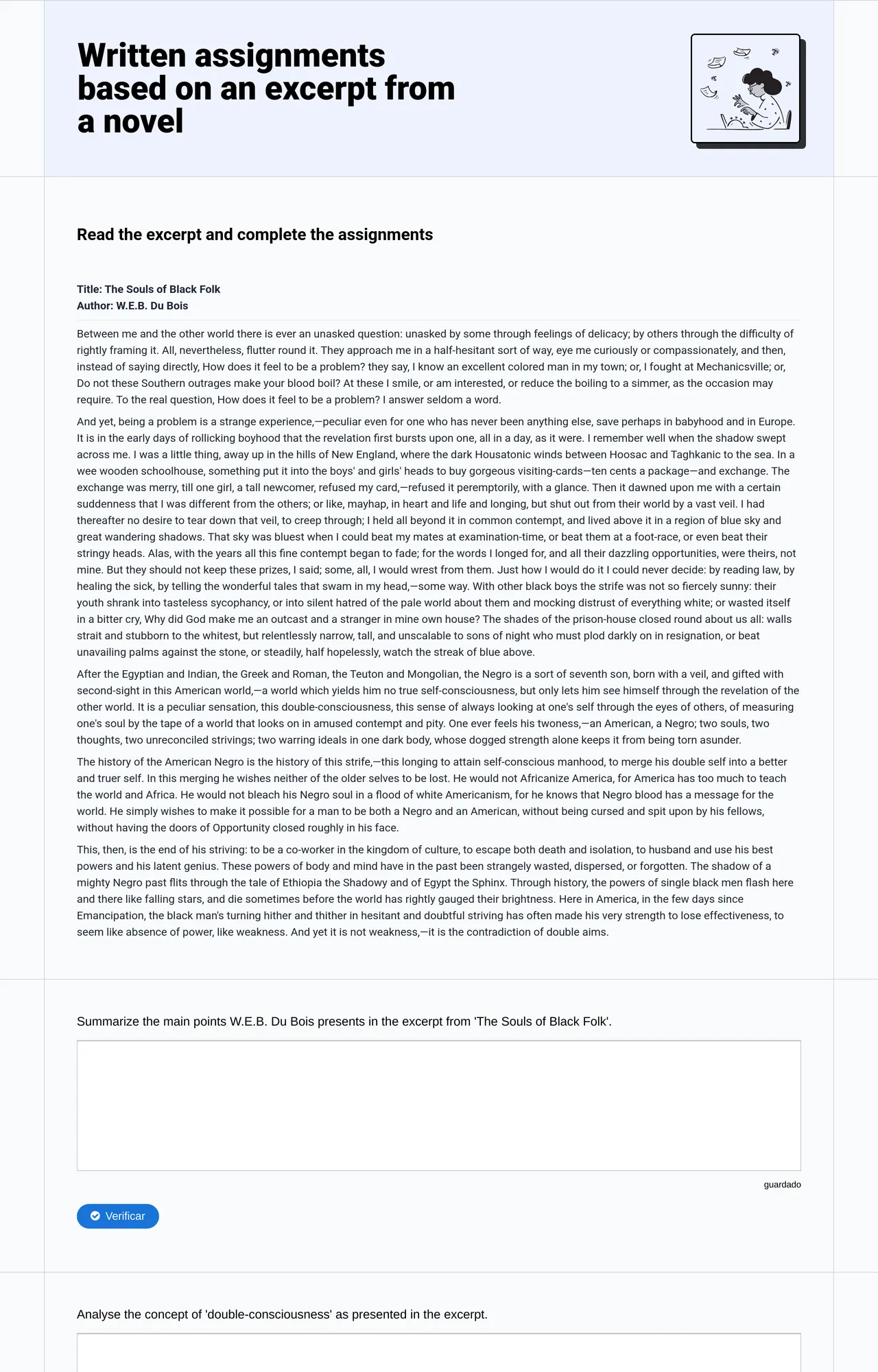 Written assignments based on an excerpt from a novel