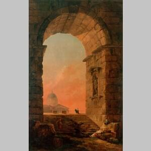 Пейзаж с арка и купола на Свети Петър в Рим в онлайн галерия от Хуберт Робърт