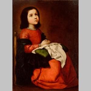 Детството на Богородица в онлайна галерия от Франсиско де Сурбаран изобразява Дева Мария