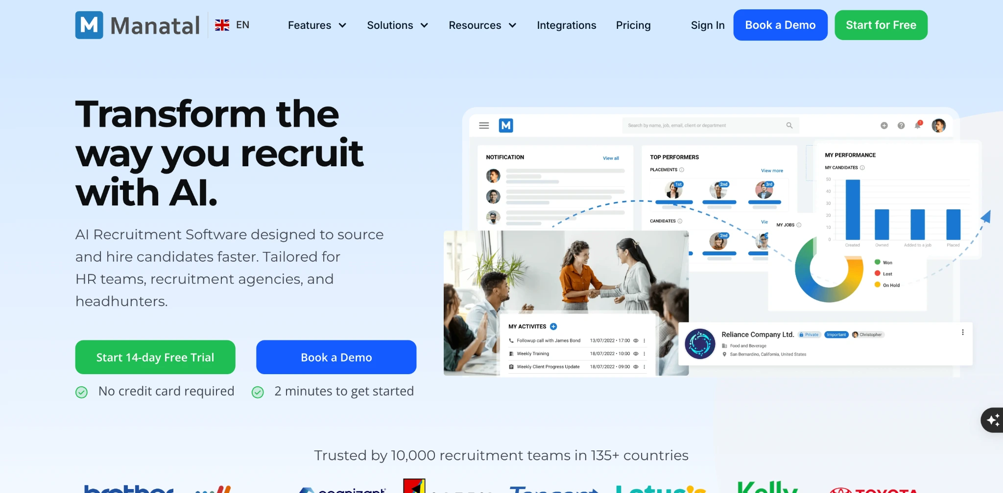 an image showing the homepage of AI recruitment software called Manatal