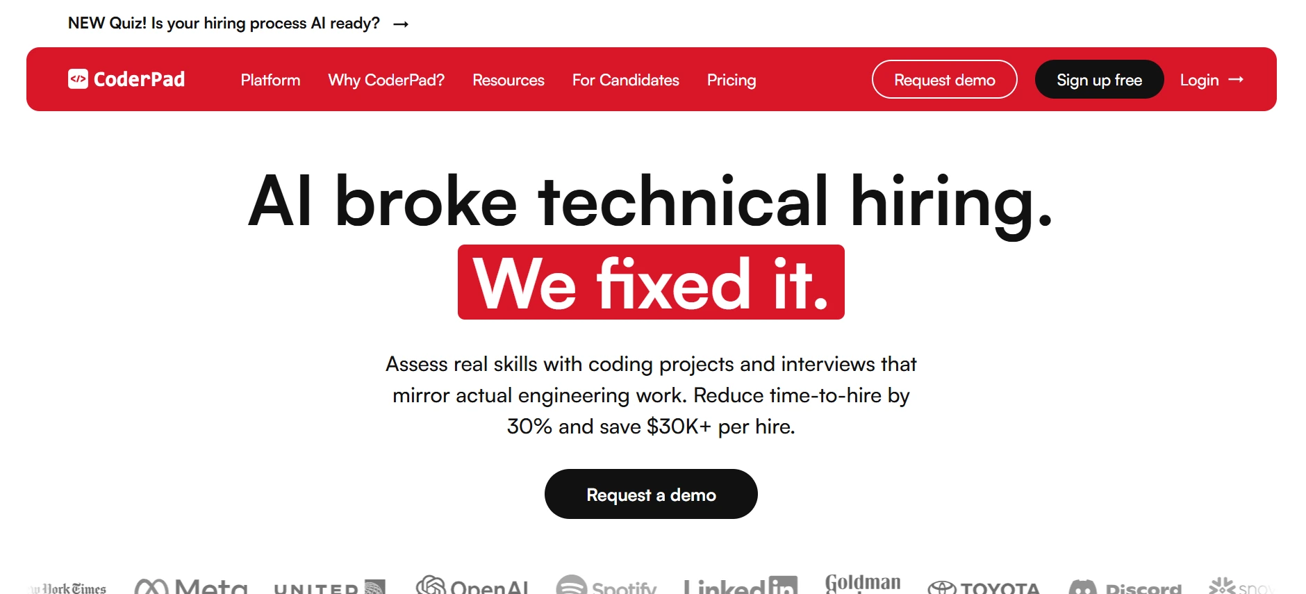 image of the homepage of coding interview and assessment platform called the CoderPad