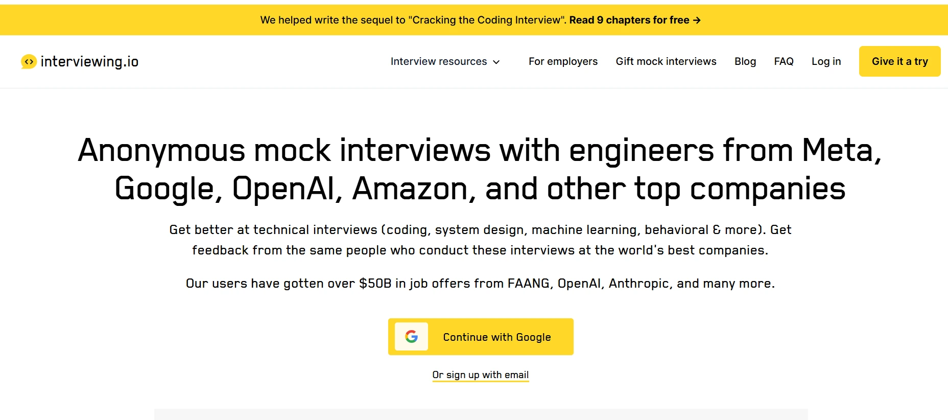 image of the homepage of the technical interview prep platform called the interviewing.io