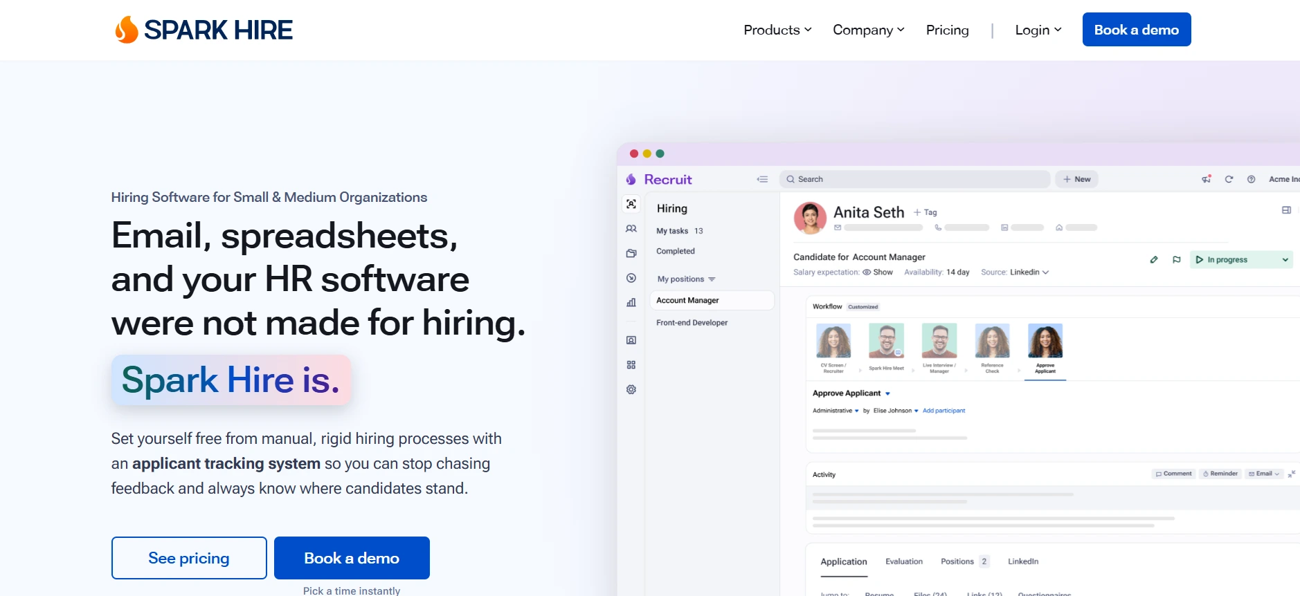 image of the homepage of hiring software called the SparkHire