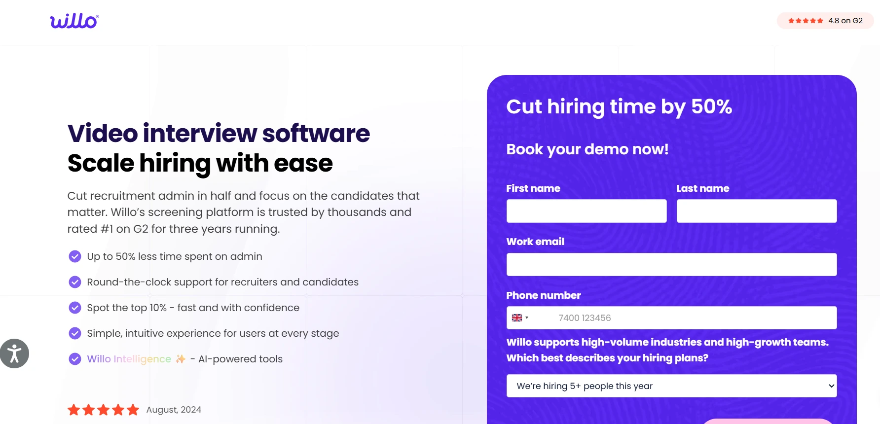 image of the homepage of video interview software called the willo