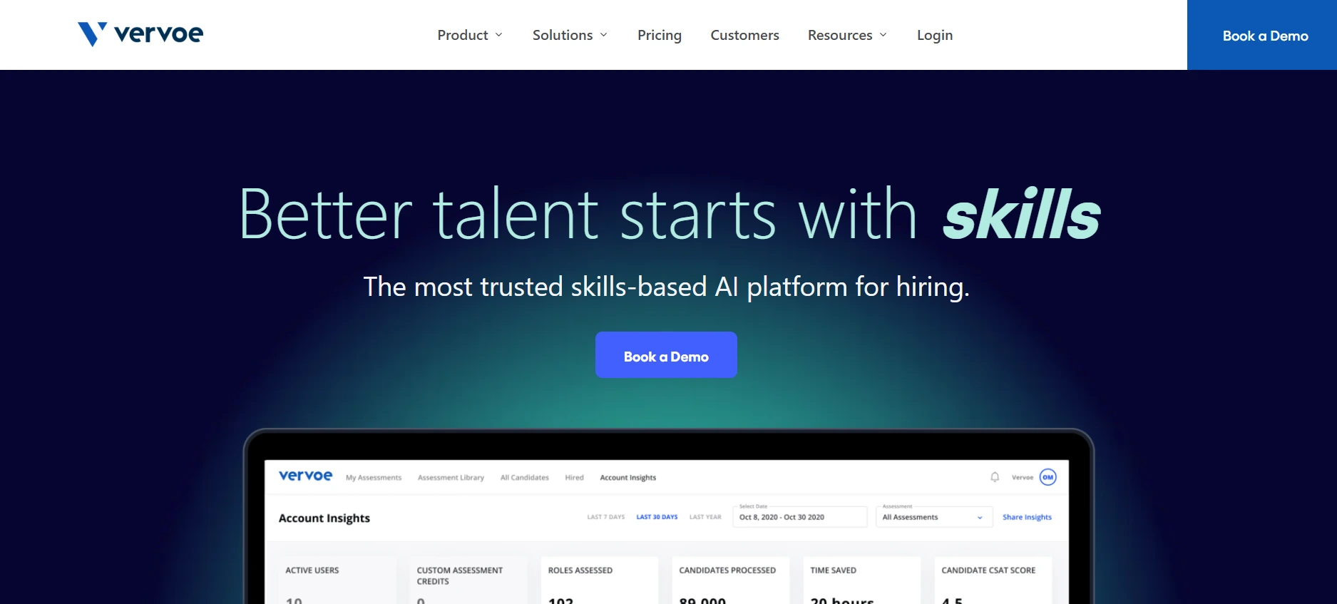 image of the homepage of AI-powered skill assessment platform called the Vervoe