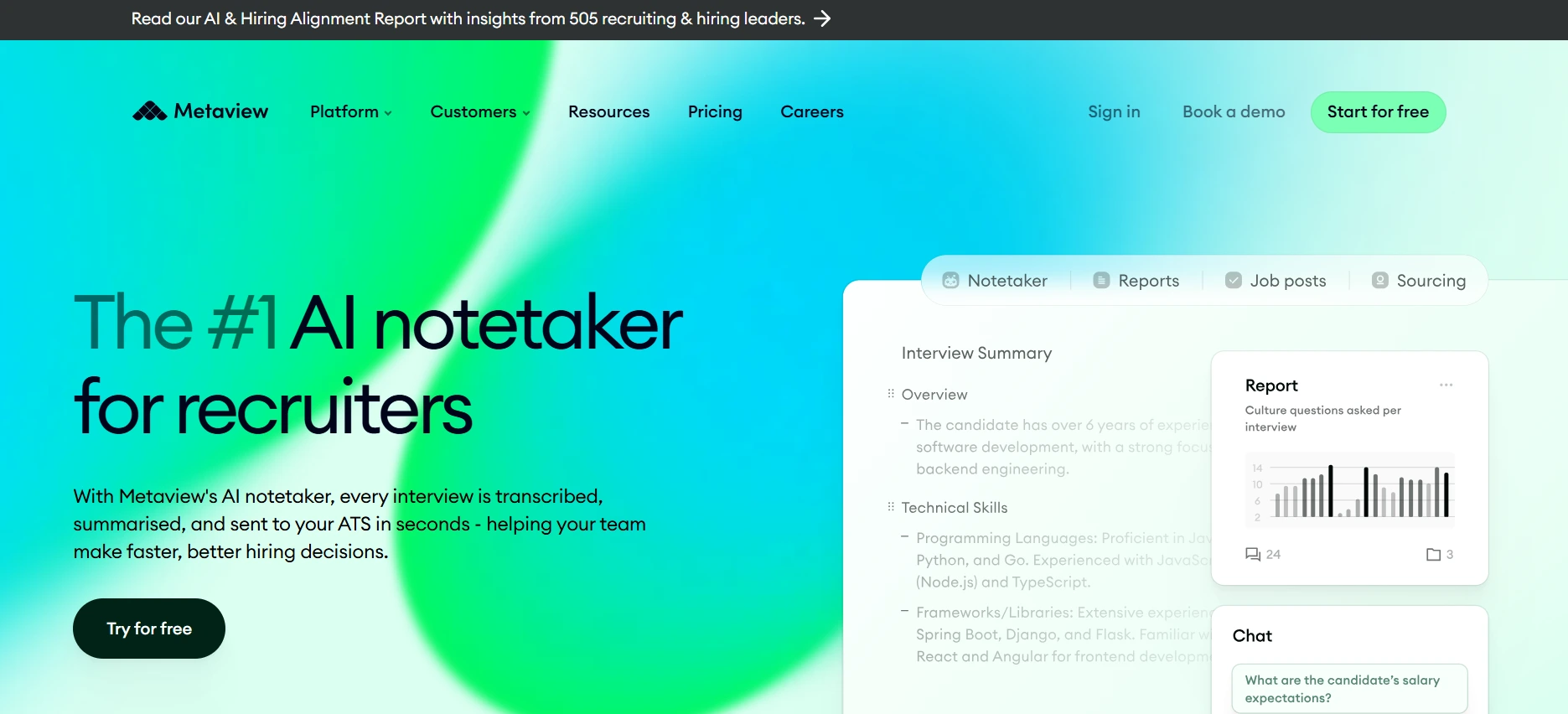 image of the homepage of AI recruiting platform called the Metaview