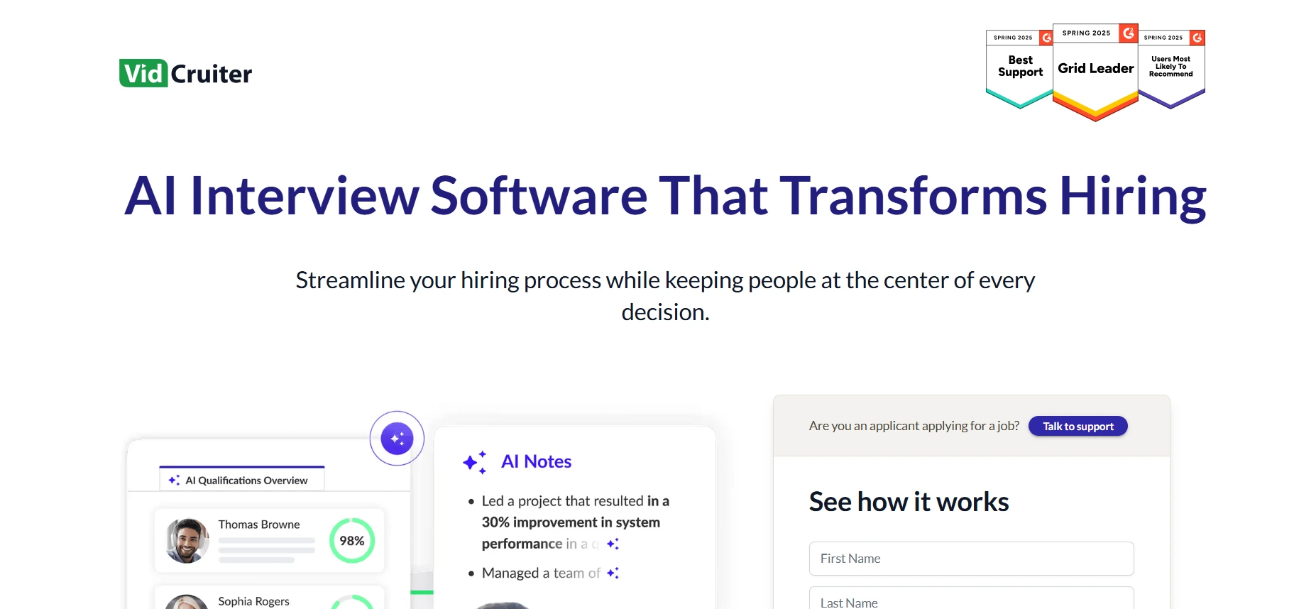 image of the homepage of technical interview software called the VidCruiter