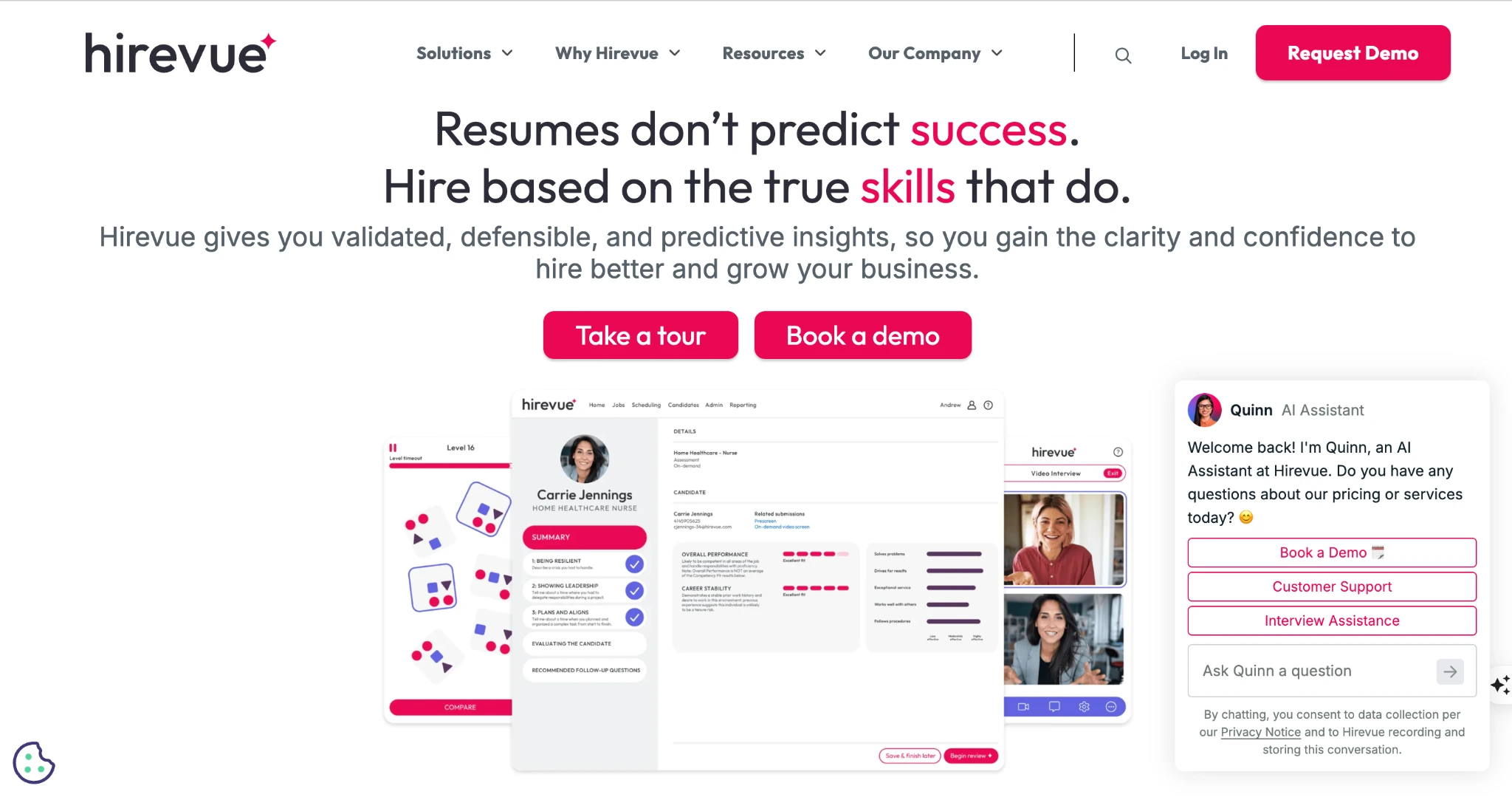 image of the homepage of video interviewing platform called hirevue
