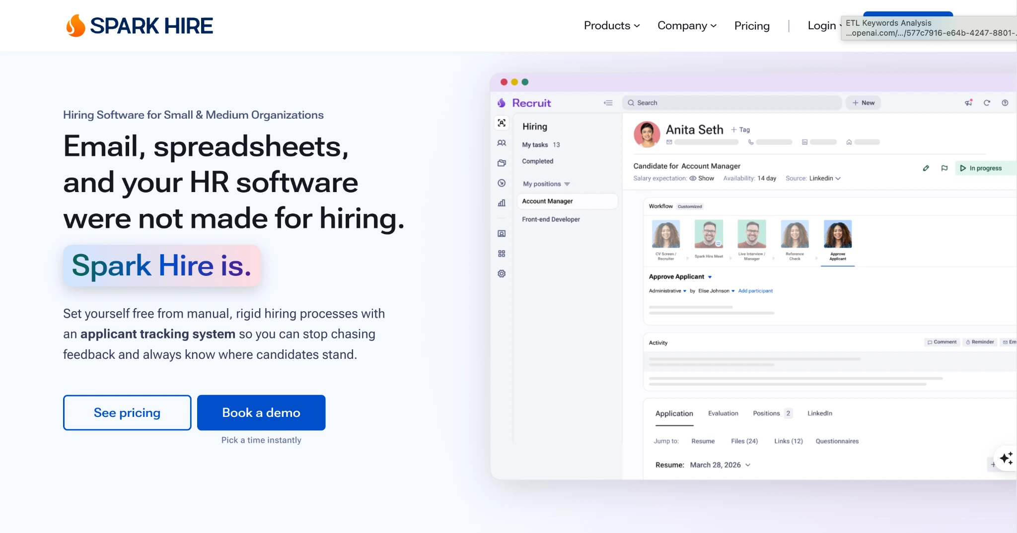 image of the homepage of hiring software called Spark Hire