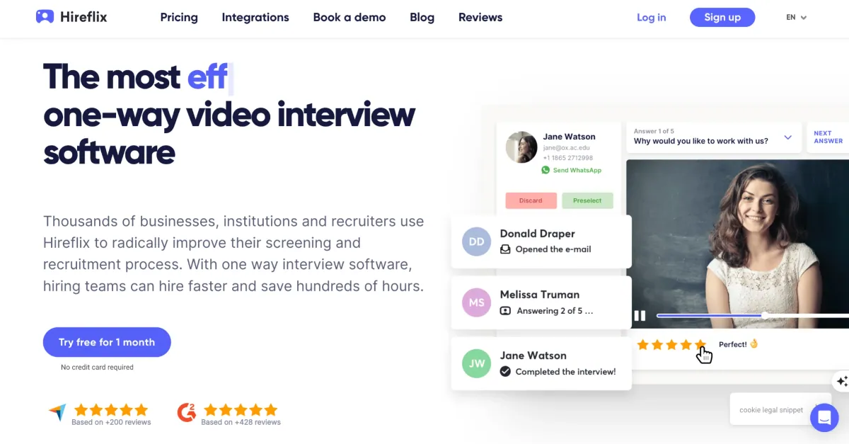 image of the homepage of one-way video interviewing platform called Hireflix