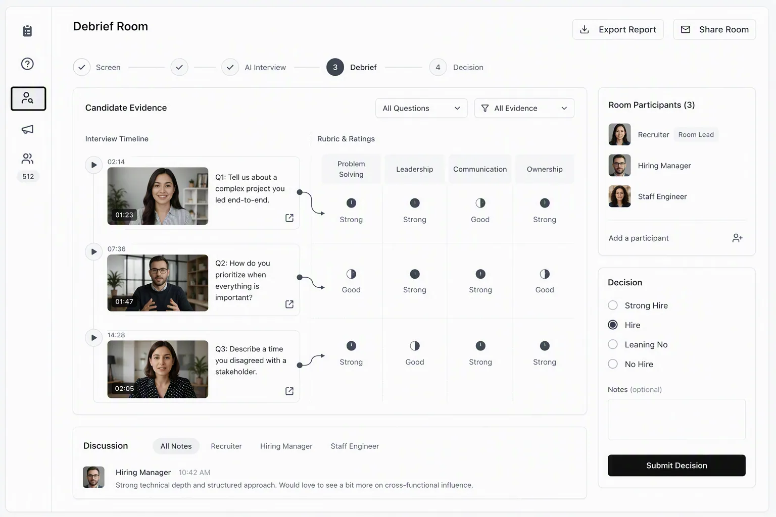Hiring team reviewing AI interview notes and scorecard evidence