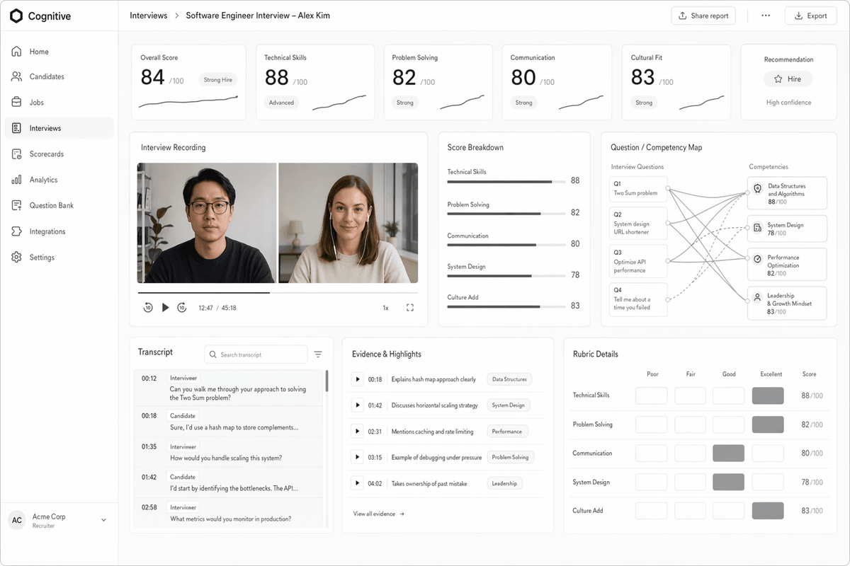 AI interview scoring interface with transcript evidence and rubric scorecards