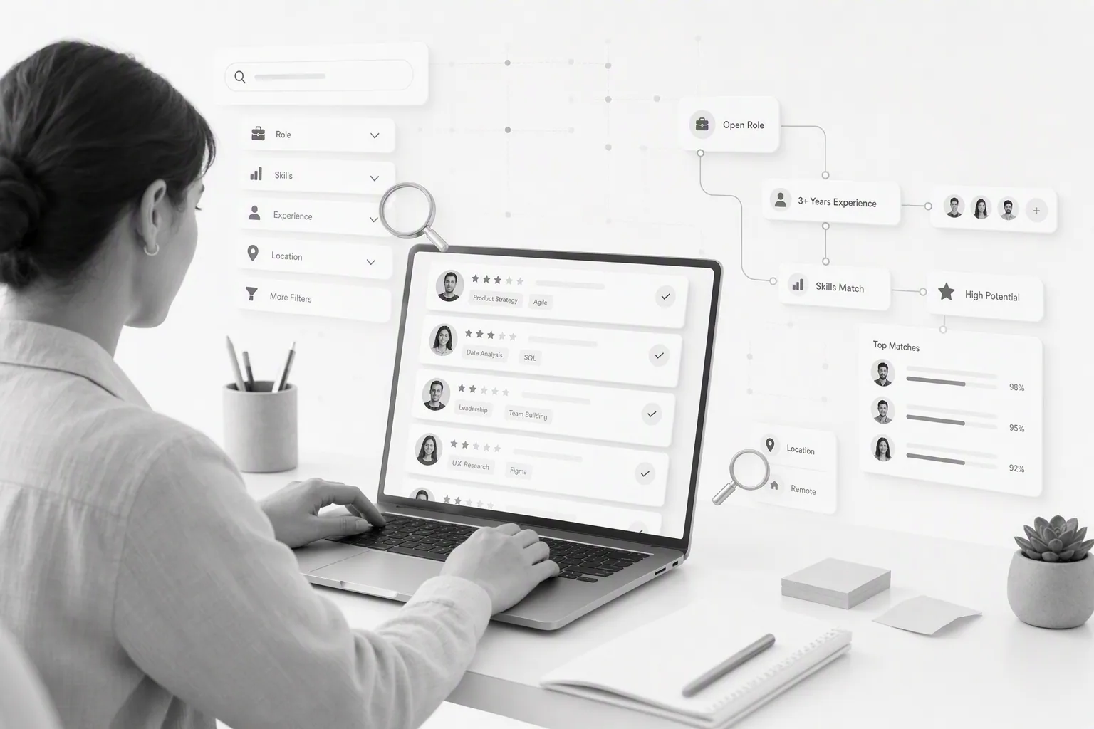 Boolean search for recruiters illustrated with candidate profiles and search logic
