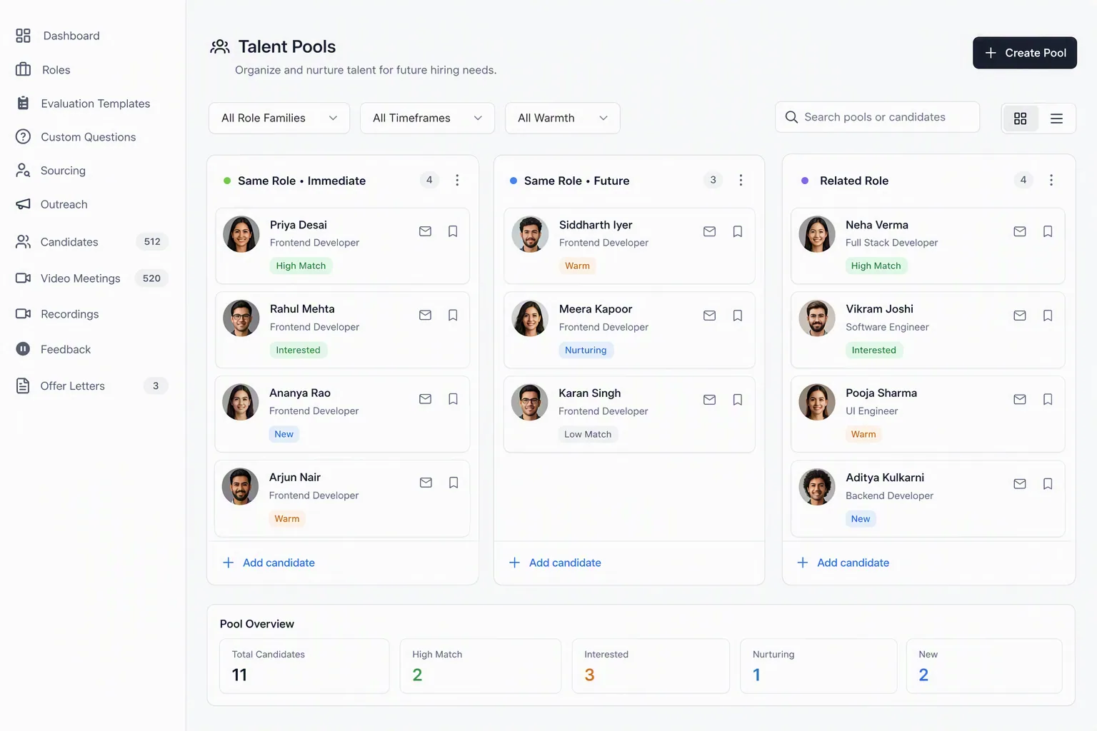 Recruiting CRM setup with talent pools and follow-up cadences