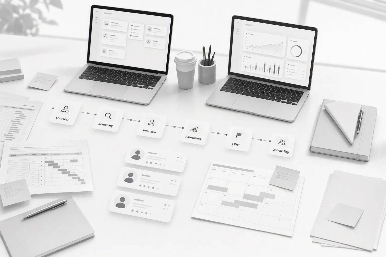 Recruitment software selection workspace with workflow notes