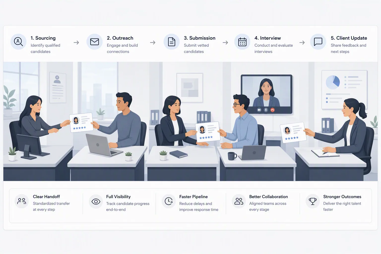 Staffing software handoffs from sourcing to client reporting