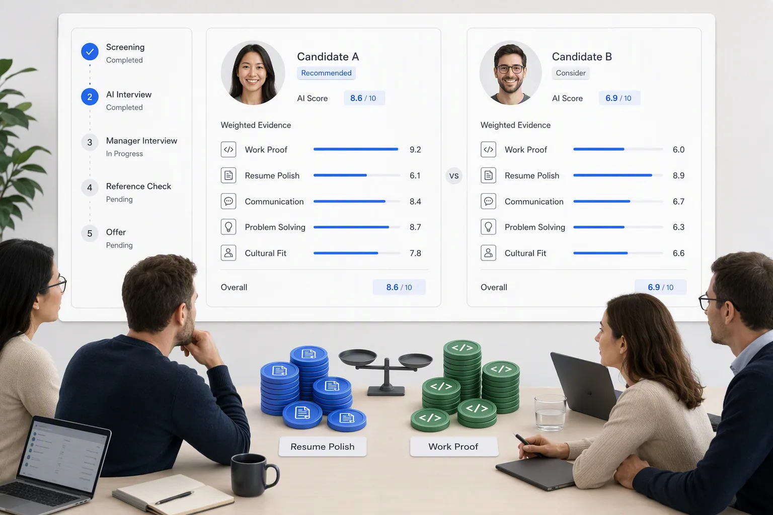 Hiring team weighing assessment evidence before choosing a platform