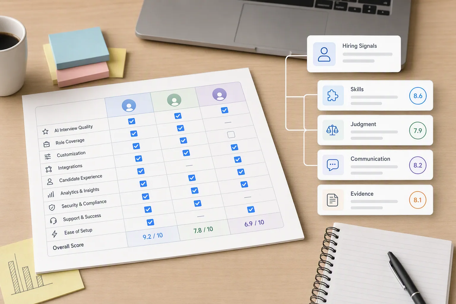Talent assessment tools comparison desk with hiring signals