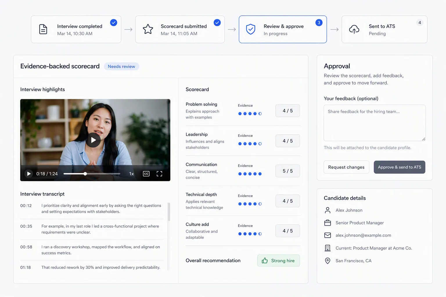 Evidence-backed video interview scorecard review