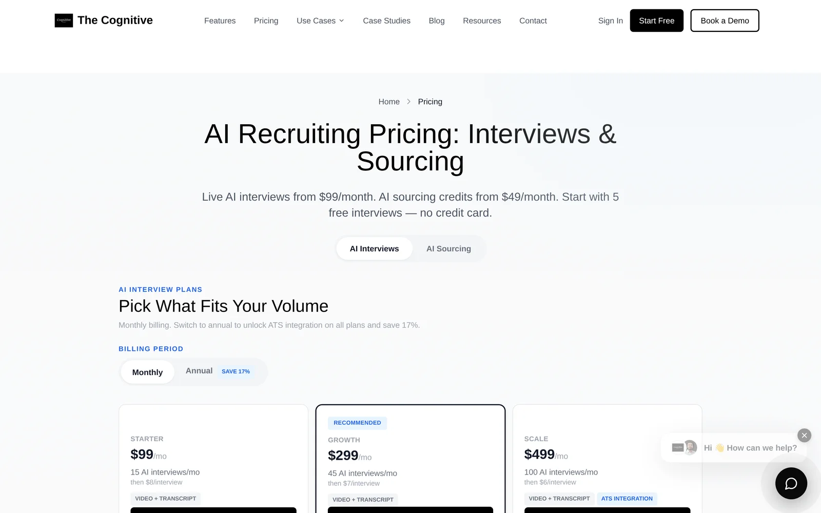 The Cognitive pricing page showing AI sourcing and AI interview plans