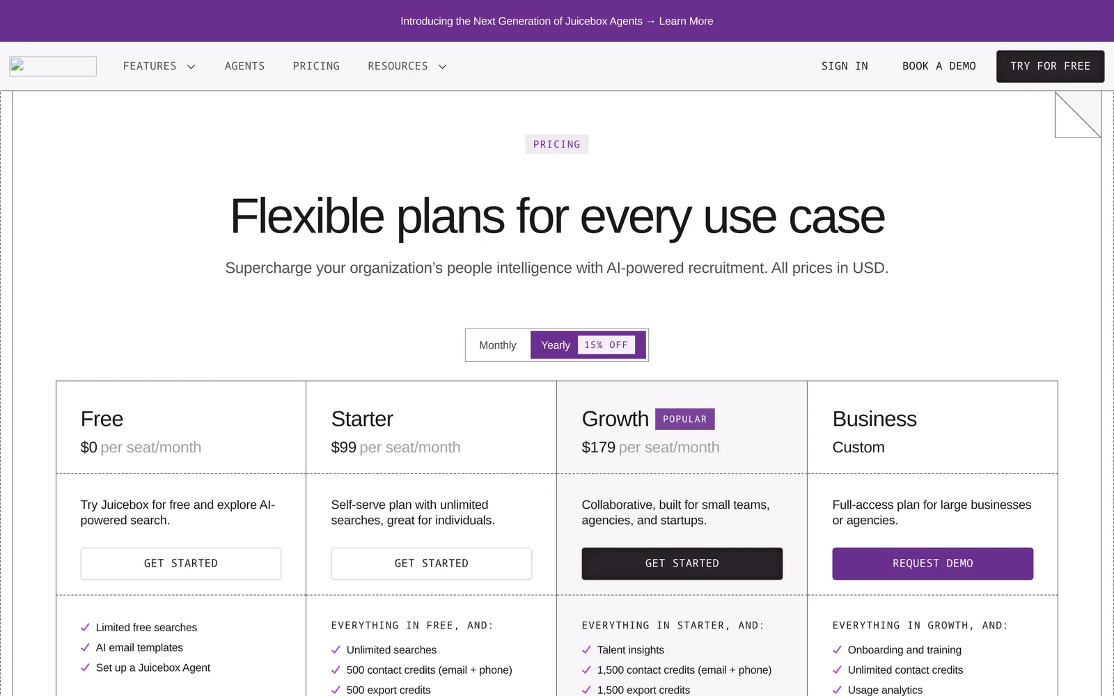 Juicebox pricing page